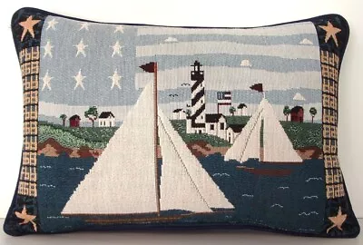 Warren Kimble- Nautical Sailboats Lighthouse Flag & Stars Tapestry Pillow New • $18