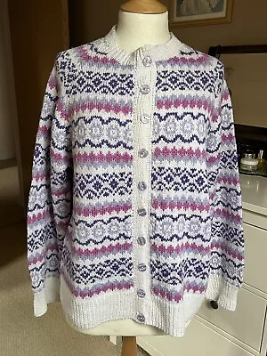 Hand Knit Cardigan Pink Purple White Fair Isle Vintage Handmade Slouchy Size M • £16.80