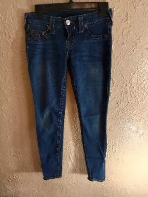 True Religion Women's Casey 25x30 Dark Wash Blue Denim Jeans Low Rise Skinny USA • $19.99