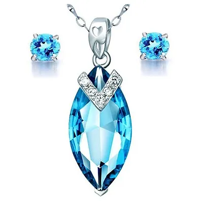 Love & Hearts Blue Topaz Pendant 18  Necklace & Earring Set .925 Sterling Silver • $46.36