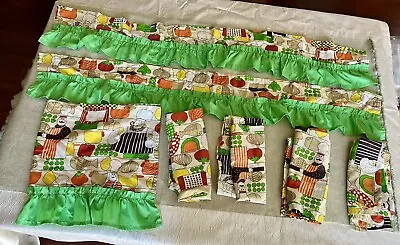 Vtg Kitchen Curtains Chef Mushrooms Fish Pea Tomato Chicken Apple-Green Ruffle • $19.99