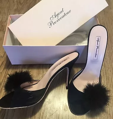 Elegant AGENT PROVOCATEUR Black Satin/Marabou Pom Pom Mules UK 7 /EU 41 With Box • £35