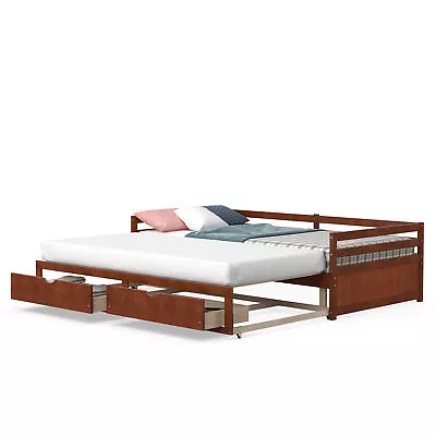 Twin To King Daybed W/ 2 Drawers Wooden Sofa Bed For Bedroom Living Room Cherry • $279.95