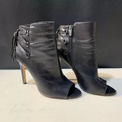 Vince Camuto Kimina Black Soft Leather Stiletto Heel Peep Toe Tassel Booties 8.5 • $39