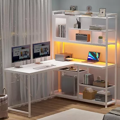 L Shape Computer Desk 58'' Office Desk With LED Light&Bookshelf For Home Office • $169.97