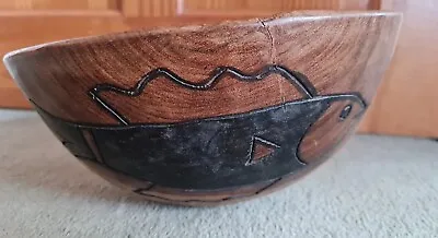 Hand Carved African Round Wooden Bowl Fish Detail • £11.99