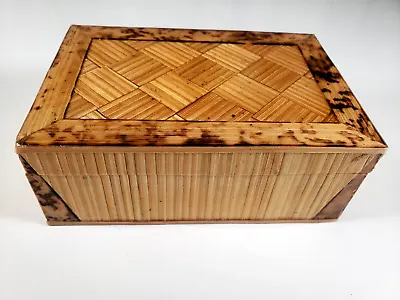 Bamboo Wood Inlay Trinket Box With Cover Basket Design 3 X 5 Inch Vintage • $12.99