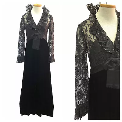 Vintage 70s 80s Victoria Royal LTD Black Velvet Lace Sequin Gown Maxi Dress • $240