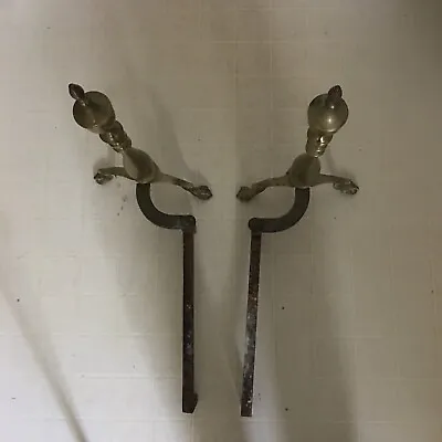 Vintage Pair Of Large Solid Brass & Wrought Iron Andirons From 1970s 19 T X19 L • $119.99