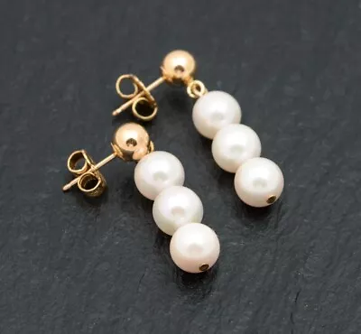 Pair Jersey Pearl Drop Earrings 9ct Gold With Cultured Pearls - Boxed Paperwork • £49.99