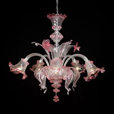 Murano Chandelier Ca'Venier Ceilling 5 Arms Pink And Crystal  • $590