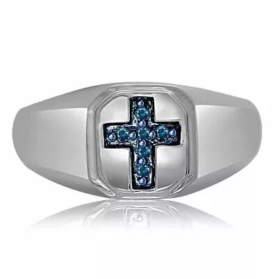 Blue Natural Diamond Cross Mens Wedding Band Ring In Solid 10k White Gold -IGI- • $553.79