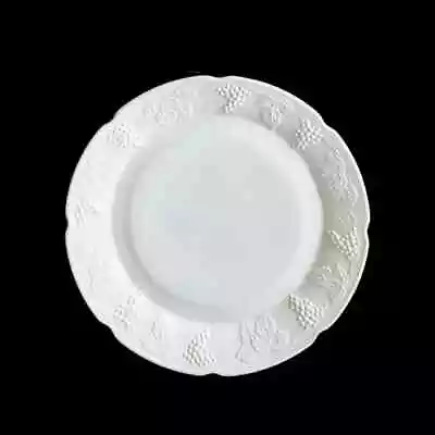 White Round Milk Glass Platter Large Embossed Grape Leaf Pattern Scallop Border • $30