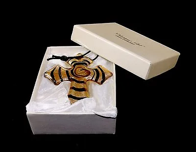 Gold Glass Cross Charm/Pendant Brown Stripes Murano Art Deco Gift Box #2911 • $9.95