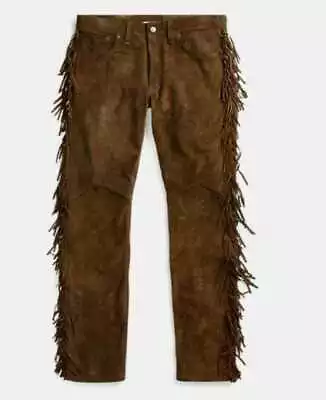 Men's Western Cowboy Leather Suede Brown Native American Buckskin Fringed Pants • $119.99