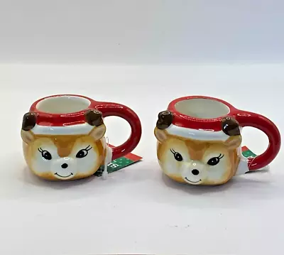 New Reindeer 2 Oz Mini Christmas Coffee Mug Cup Set Of Two 2 Free Ship • $12.99