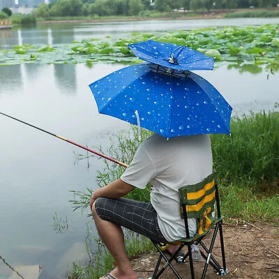Head Mounted Outdoor Double-Layer Black Glue Rain-Proof Fishing Umbrella Hat • £15.99