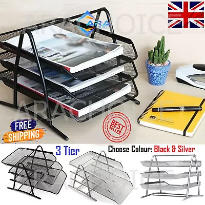 3 Tier Office Files Metal Mesh A4 Paper Document Holder Desk Top Organizer Tray • £9.89