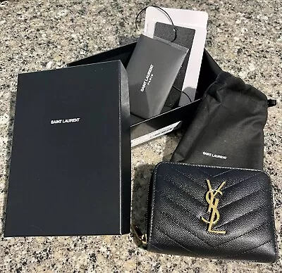 Saint Laurent YSL Cassandre Matelasse Compact Zip Around Wallet Black GHW • $700