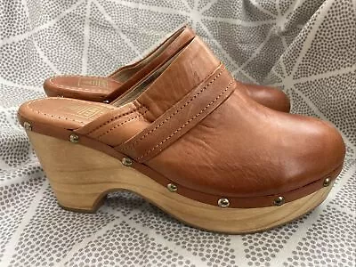 Vtg ALDO Wooden Clogs Sz 9 Saddle Brown Leather Platform Wedge Studs 80’s MEXICO • $59.95