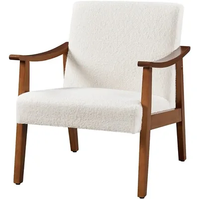 Boucle Fabric Armchair With Solid Wood Legs Upholstered Accent Chair Ivory • £69.99