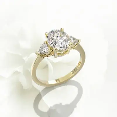 2 Ct Oval 3 Stone Diamond 0.50ct 2 Heart 14k Yellow Gold Ring Beautiful Jewelry • $690