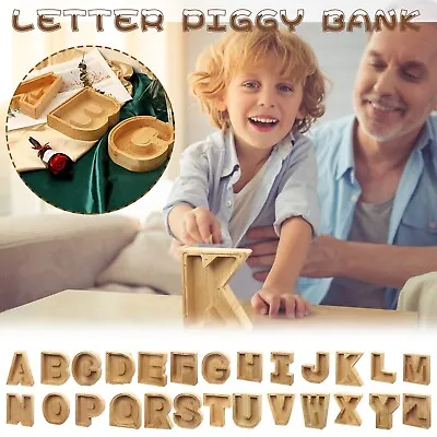 Wooden Piggy Bank Funny Letter/Guitar Coin Saving Money Box Kids Adults Gift A-Z • $26.58