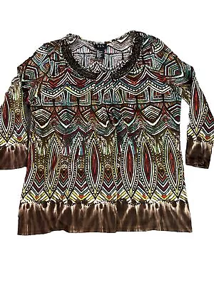 RQT Blouse Women’s Large Brown Southwestern Style 3/4 Sleeve Top Pullover • $8.98