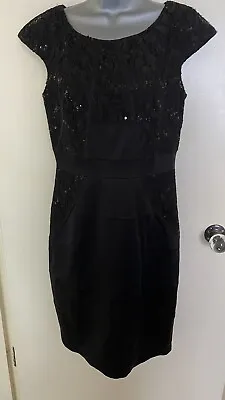 Jax Black Satin Panelled Evening Dress With Sequins & Lace Size US 8 UK 12 • £19.90