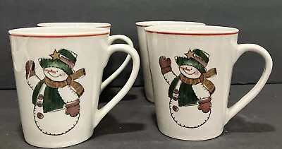 Vintage Snowman Set Of 4 Stoneware Coffee Cups Mugs Christmas Winter • $14.99