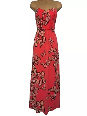 JANE NORMAN Women's Bandeau Maxi Dress Coral Pink Butterfly Party Holiday Size 8 • £23.99