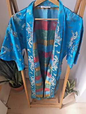 Chinese Silk Long Mix Dressing Gown Blue Robe Tie Kimono Oriental S • £29.99