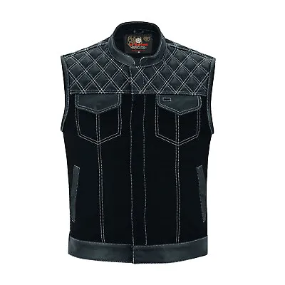 Leather Motorcycle Vest Club Diamond Quilted Black Leather Denim Paisley Rider • $66.14