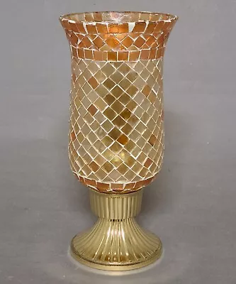 Candle Holder Brass Orange & Gold Mosaic  Shade  4 D X 10.5 H  FREE SHIPPING • $20.96