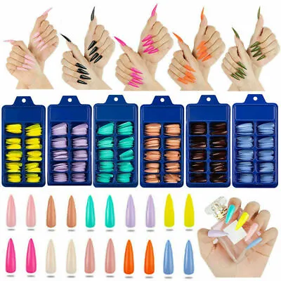 100Pcs Long Fake Nails Acrylic Artificial False Nail Tips Stick On Full Nail Set • £3.98