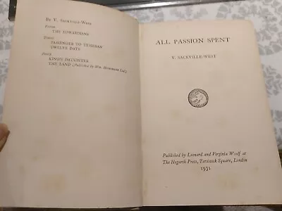 £35 • Buy All Passion Spent Vita Sackville-West Leonard Virginia Woolf Hogarth 1st Ed 1931