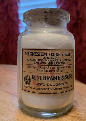 Vintage Magnesium Oxide Medicine Bottle  R.M. Brame & Sons MFG Druggist 4.5” • $20