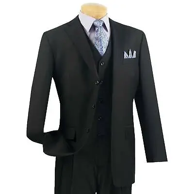 VINCI Men's Black 3 Piece 3 Button Classic Fit Suit W/ Matching Vest NEW • $124