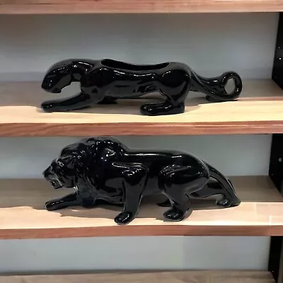 Vintage Mid Century Modern MCM Black Ceramic 15 In Stalking Panther & Lion Set • $119.99