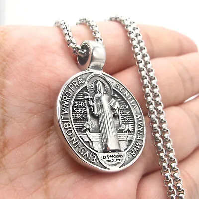 Saint St Benedict Medal Necklace Pendant Stainless Steel Crucifix Cross Exorcism • $9.99