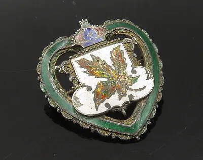 925 Sterling Silver - Vintage Enamel Maple Leaf Crown Heart Brooch Pin - BP8665 • $58.16