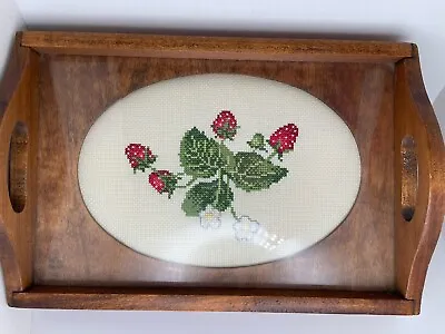 Wood Serving Tray With Handles About 12  Strawberries Cross Stitch Vintage • $21.59
