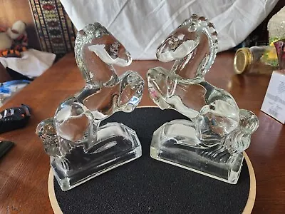 L.E. Smith Rearing Horse Bookends Pair Set Clear Glass Art Deco Vintage • $45