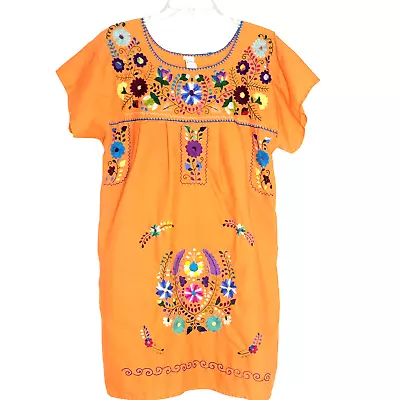 Women's Size S Mexican Style Orange Floral Hand Embroidered Dress Algodon Cotton • £18.33