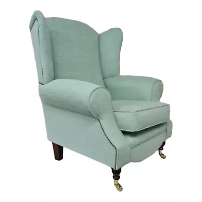 Queen Anne Wing Back Cottage Fireside Chair Jade Green Weave Effect Fabric  • £479