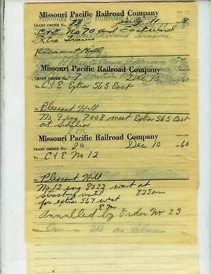 Missouri Pacific Railroad Train Orders (18) Pleasant Hill Missouri  1958 1960. • $9.99