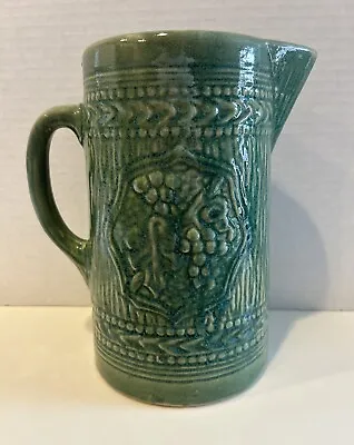 1920’s Nelson McCoy Central Grape Pattern Pitcher 8.5  Green 1.5 Qt Stoneware • $20