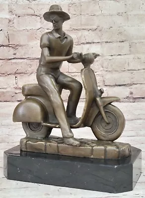 Genuine Bronze Statue Asian Man On Moped Motorcycle Handmade Artwork Figurine • $199