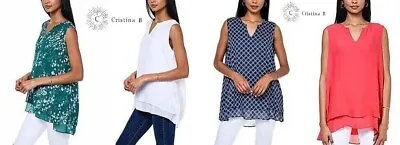 Cristina B Womens Sleeveless Tunic V Neck Flowy Double Layer Tank Blouse 1267952 • $14.99