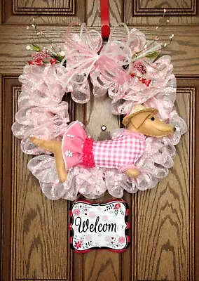 Dachshund Cream Tan Felt Sculpture 16  Deco Mesh Spring White W/ Pink  Wreath • $47